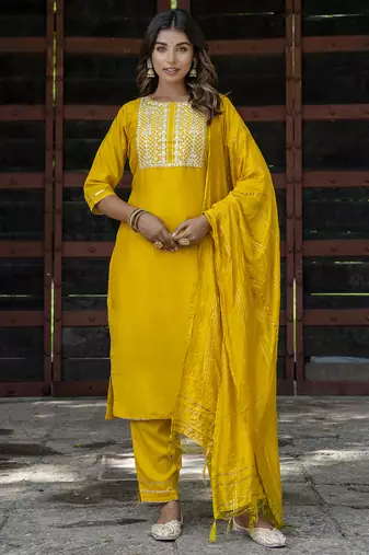 yellow chinon festive kurta set