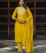 yellow chinon festive kurta set