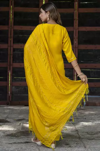 yellow chinon festive kurta set