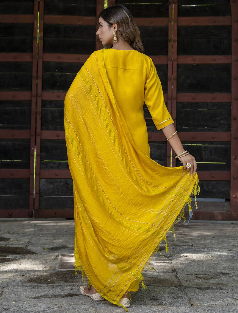 yellow chinon festive kurta set