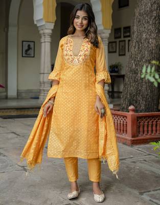 yellow chanderi silk festive kurta set 1