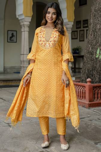 yellow chanderi silk festive kurta set