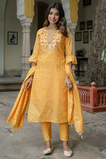 yellow chanderi silk festive kurta set