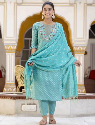 blue chanderi silk festive kurta set 1