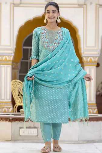 blue chanderi silk festive kurta set