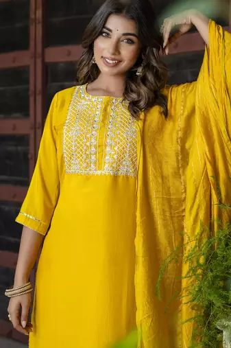 yellow chinon festive kurta set