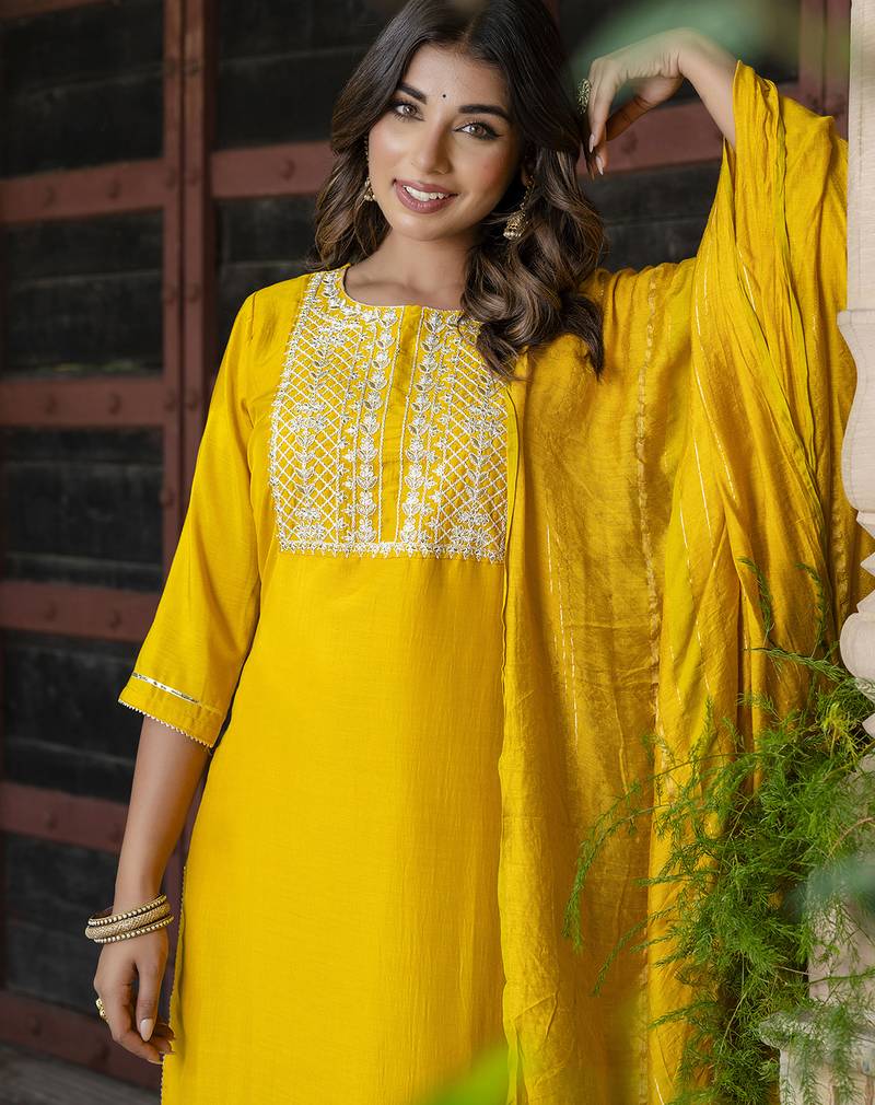 yellow chinon festive kurta set