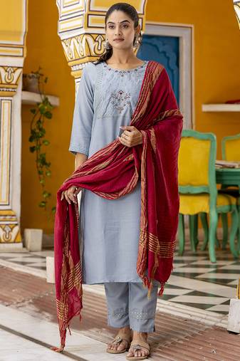 sky-blue silk blend festive kurta set