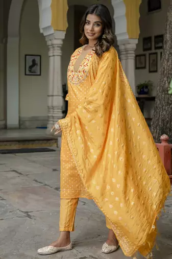 yellow chanderi silk festive kurta set