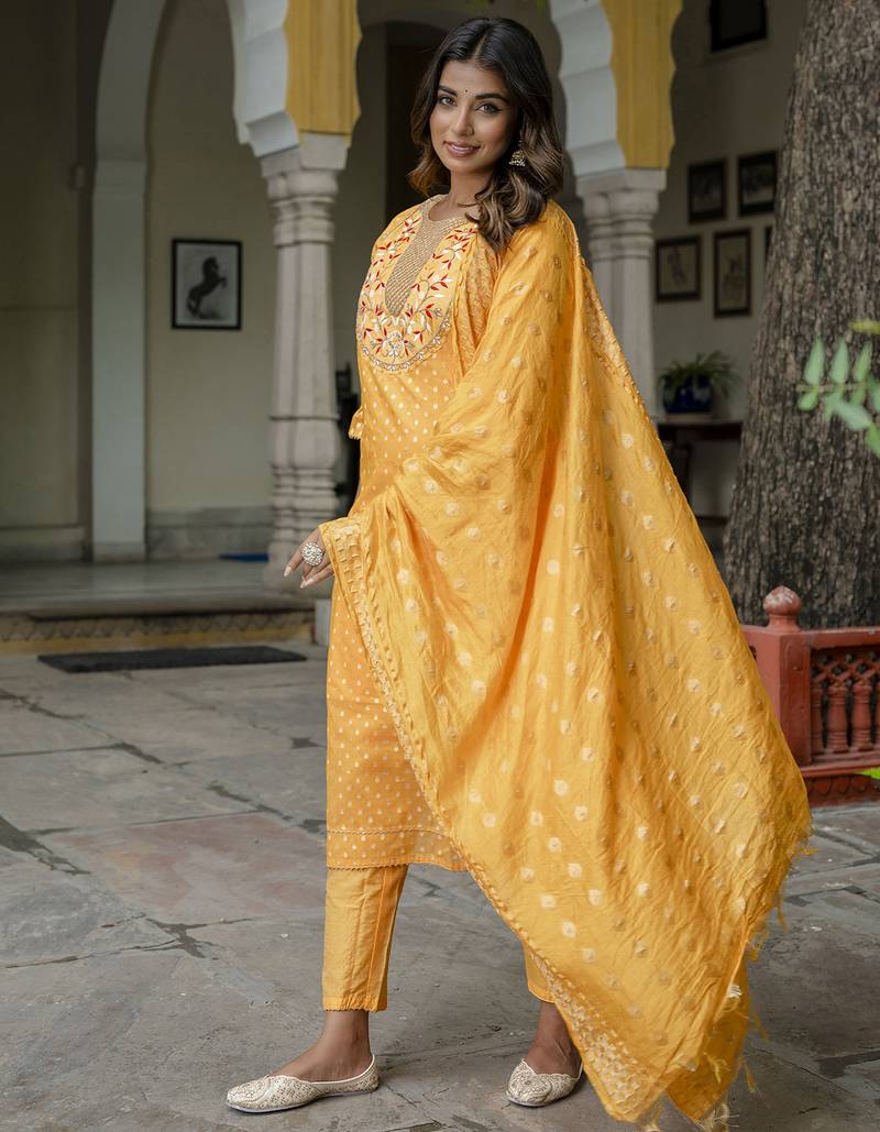 yellow chanderi silk festive kurta set