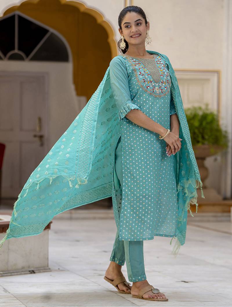 blue chanderi silk festive kurta set