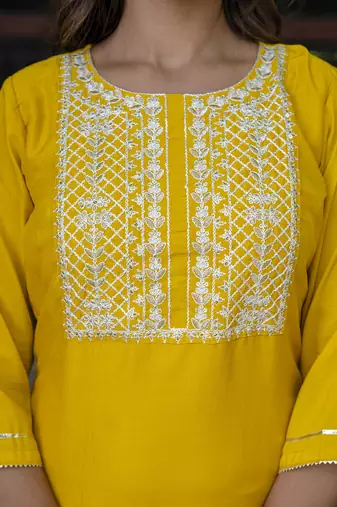 yellow chinon festive kurta set