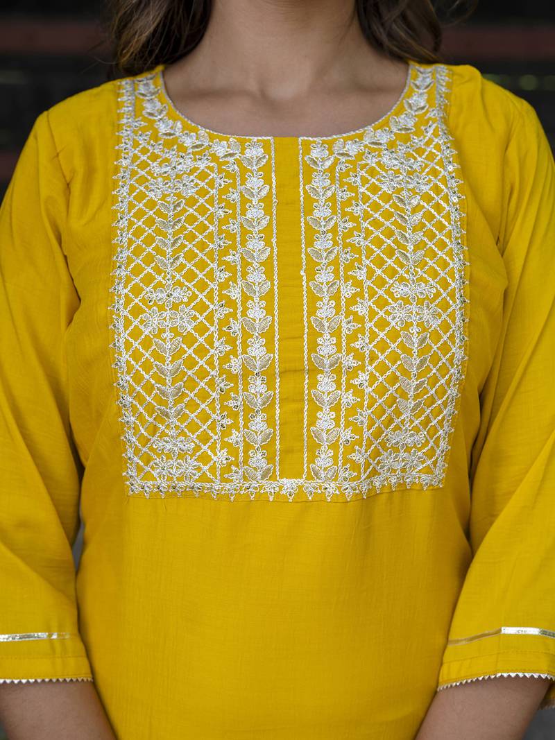 yellow chinon festive kurta set