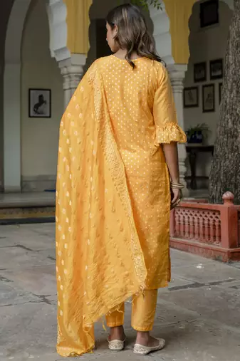 yellow chanderi silk festive kurta set