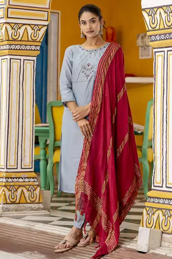 sky-blue silk blend festive kurta set
