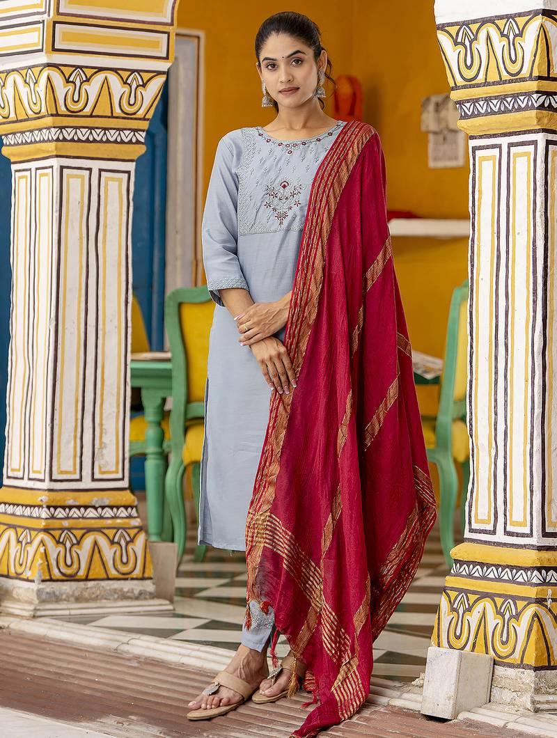 sky-blue silk blend festive kurta set