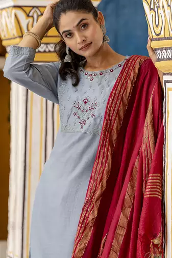 sky-blue silk blend festive kurta set