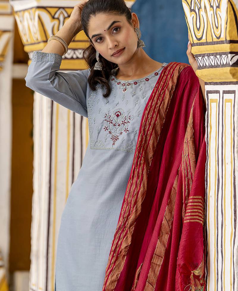 sky-blue silk blend festive kurta set