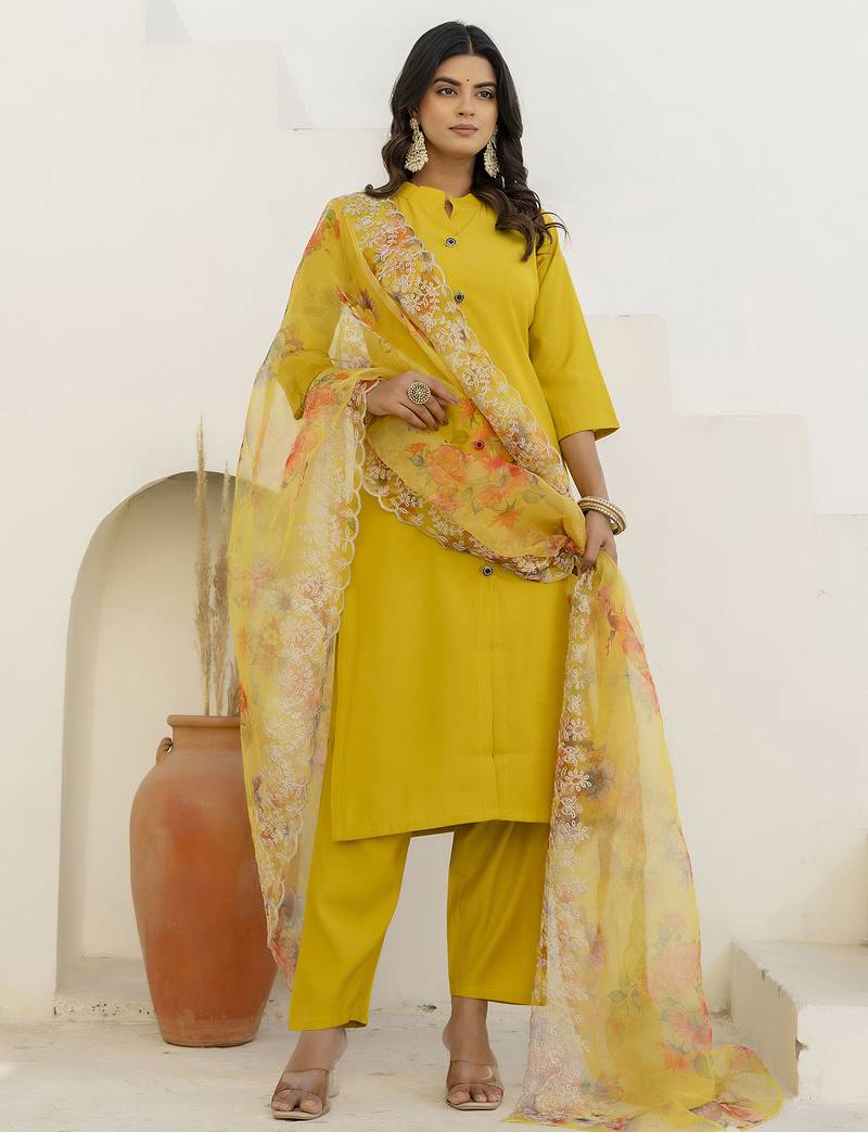 yellow shimmer silk festive kurta set