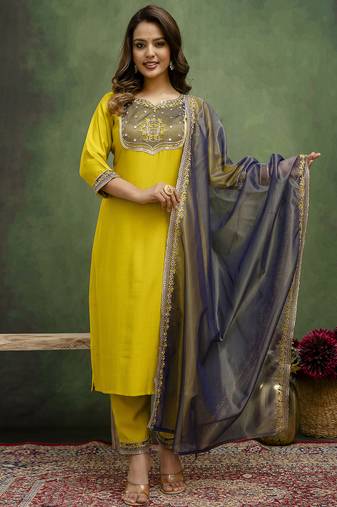 yellow silk blend festive kurta set