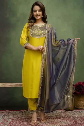 yellow silk blend festive kurta set