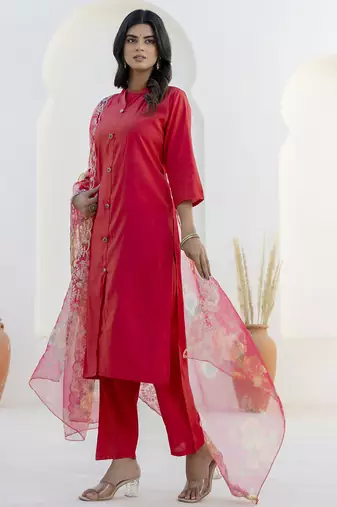 rani-pink shimmer silk festive kurta set