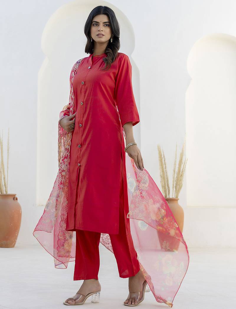 rani-pink shimmer silk festive kurta set