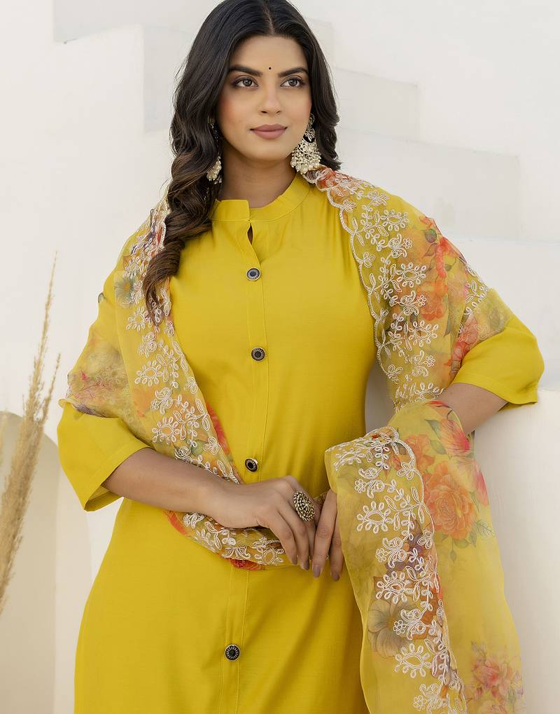 yellow shimmer silk festive kurta set