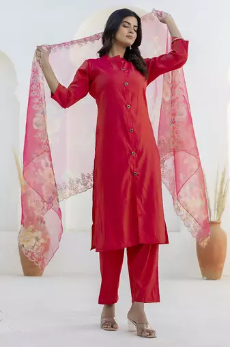 rani-pink shimmer silk festive kurta set