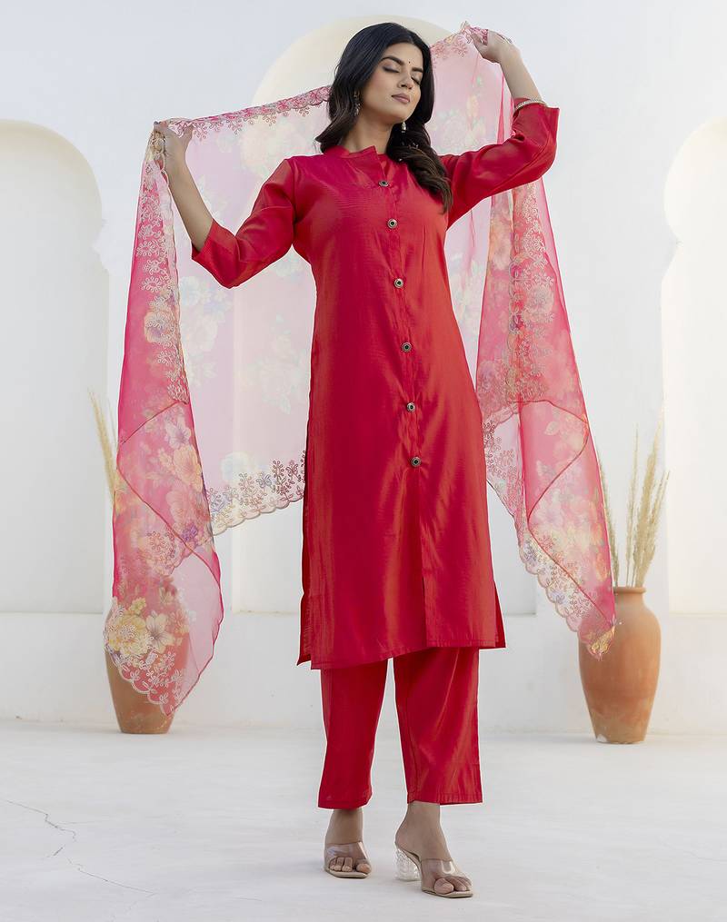 rani-pink shimmer silk festive kurta set