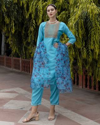 turquoise silk blend festive kurta set 1