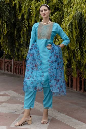 turquoise silk blend festive kurta set