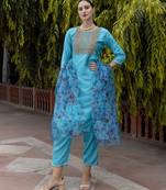 turquoise silk blend festive kurta set