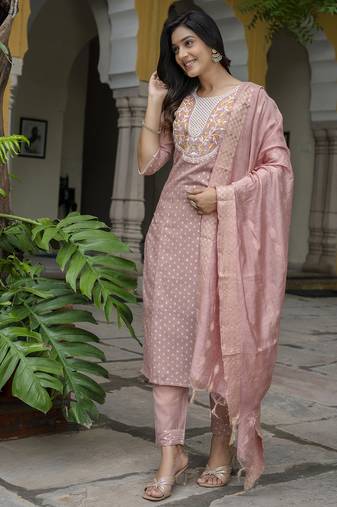 peach chanderi silk festive kurta set