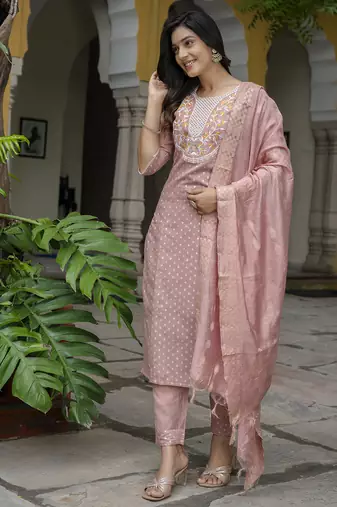 peach chanderi silk festive kurta set