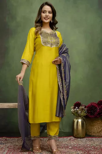 yellow silk blend festive kurta set
