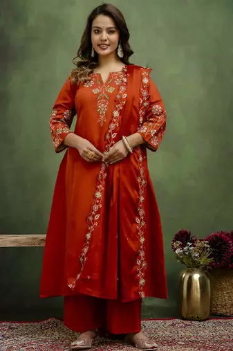 cognac silk blend festive kurta set
