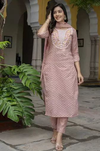 peach chanderi silk festive kurta set
