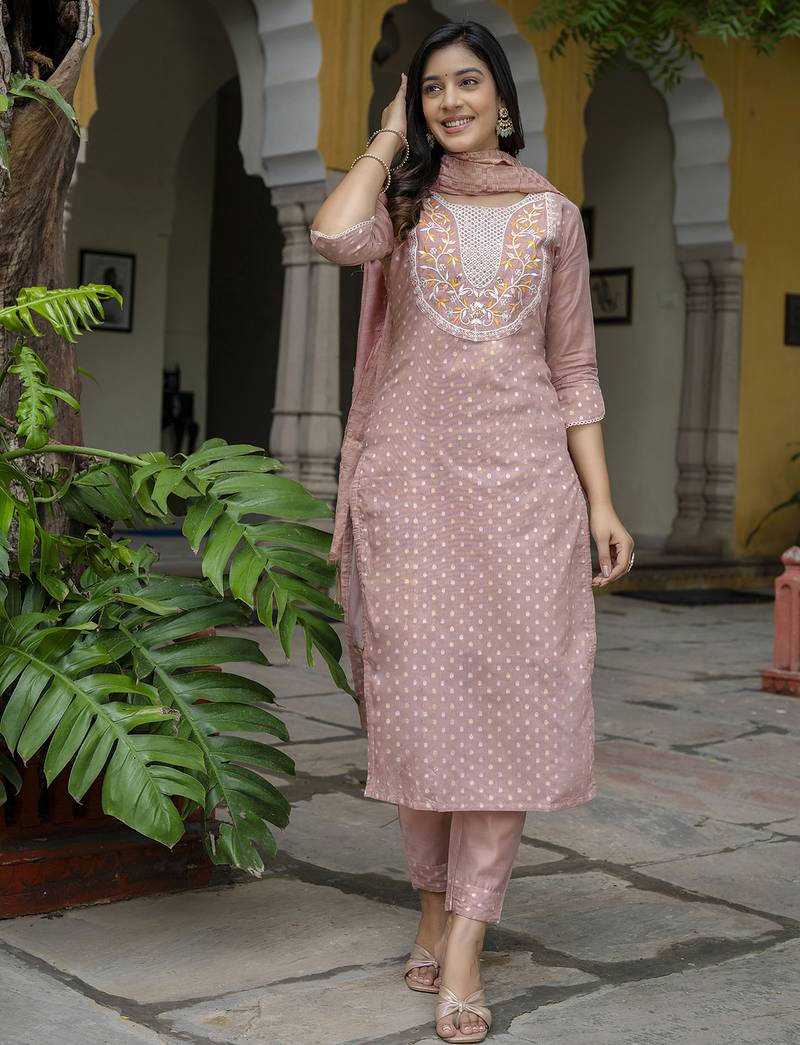 peach chanderi silk festive kurta set
