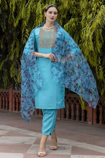 turquoise silk blend festive kurta set