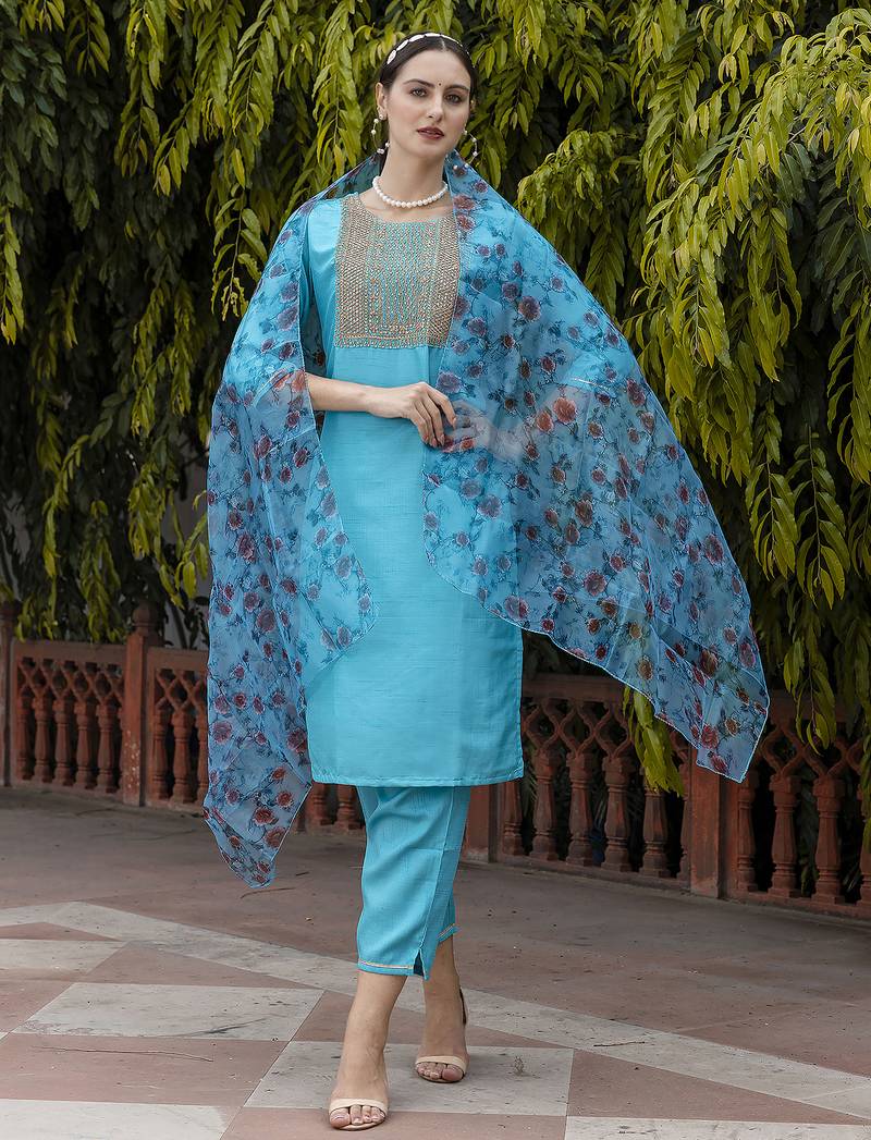 turquoise silk blend festive kurta set