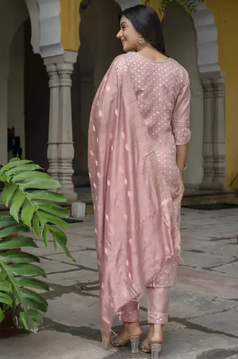 peach chanderi silk festive kurta set
