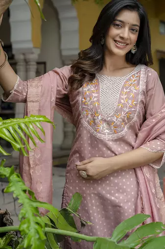 peach chanderi silk festive kurta set