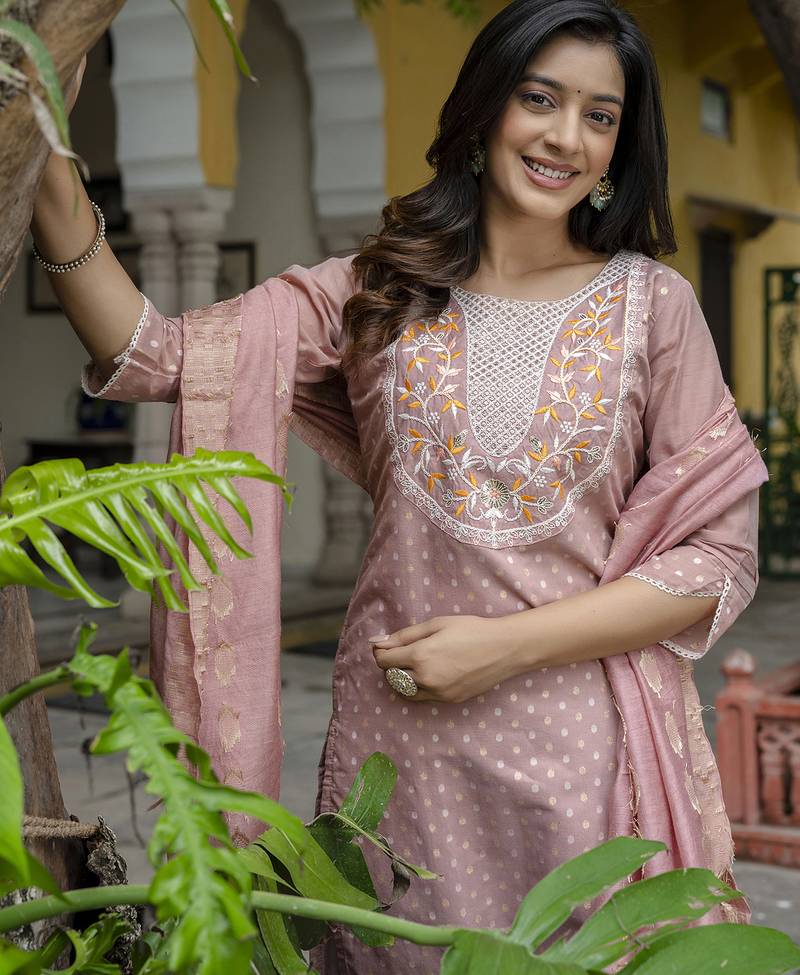 peach chanderi silk festive kurta set