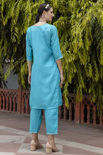 turquoise silk blend festive kurta set