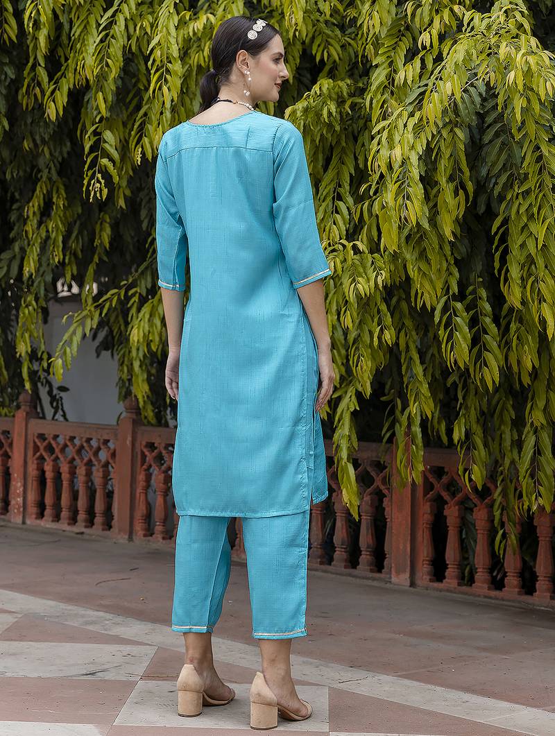 turquoise silk blend festive kurta set
