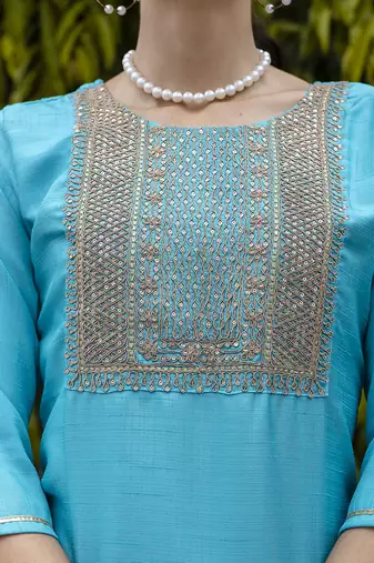 turquoise silk blend festive kurta set