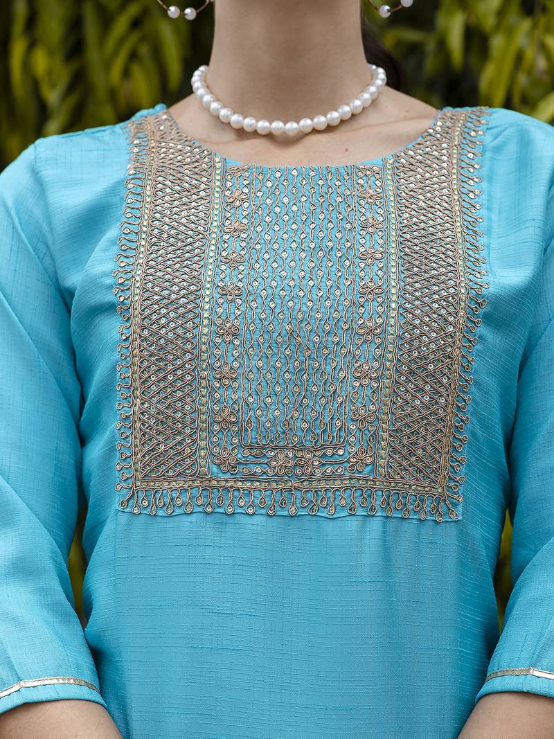 turquoise silk blend festive kurta set