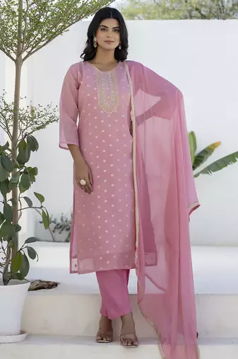 pink chanderi silk festive kurta set