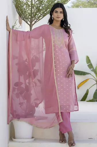 pink chanderi silk festive kurta set